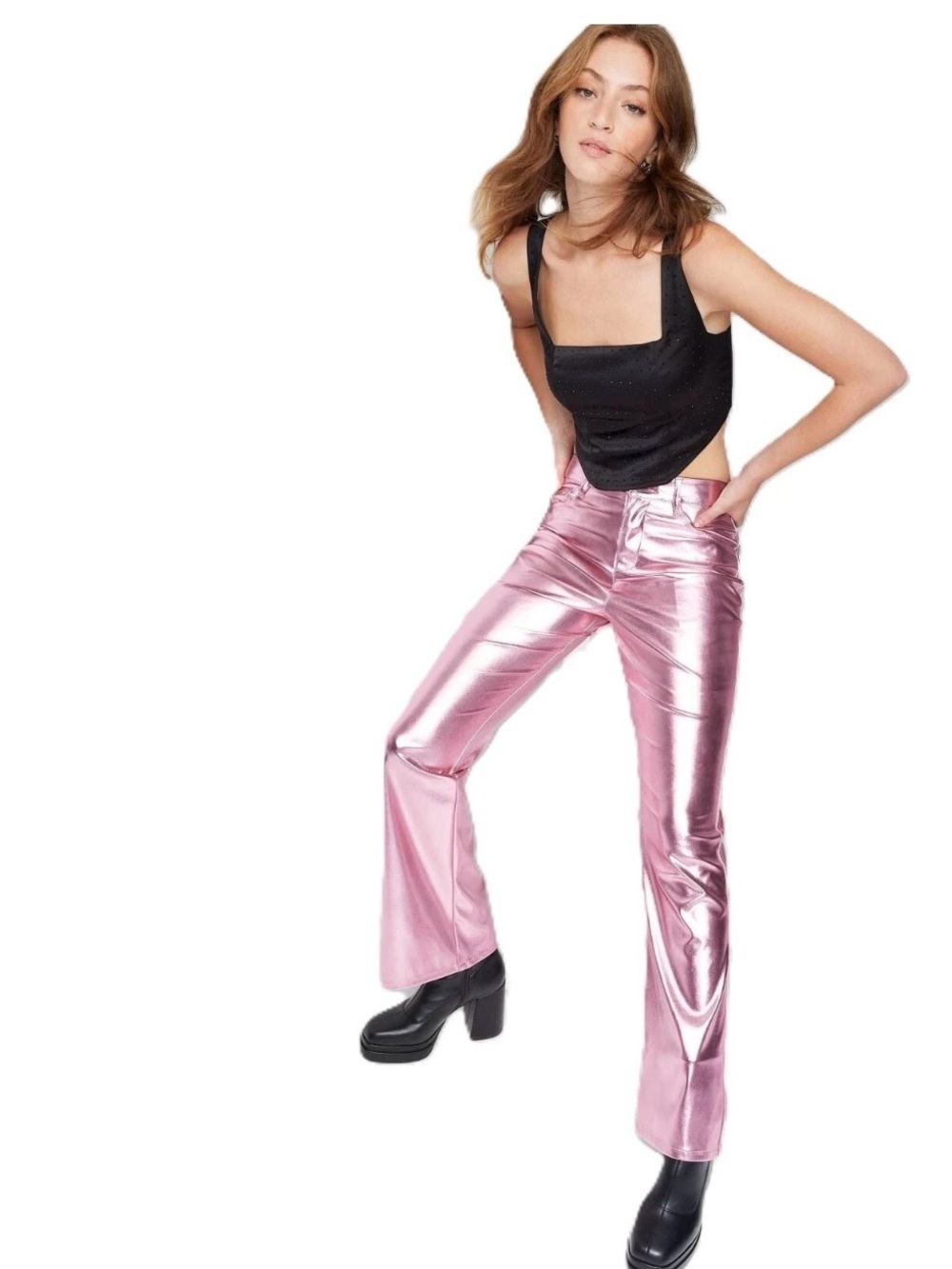 Wild Fable Metallic disco Pink High Rise Faux Leather Flare Leg Pants Women's 0